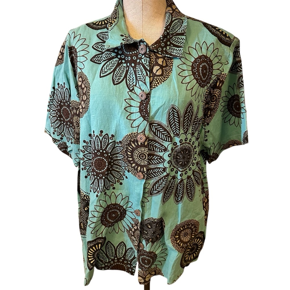 Hot Cotton by Marc Ware floral button-down boho 100 linen blouse size XL